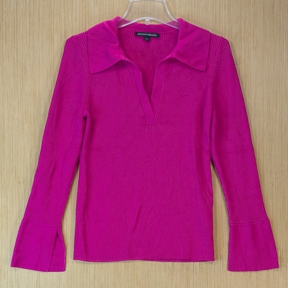 Boston Proper Fuchsia Pink Ribbed Knit V-Neck Polo Sweater Top Size L Split Cuff